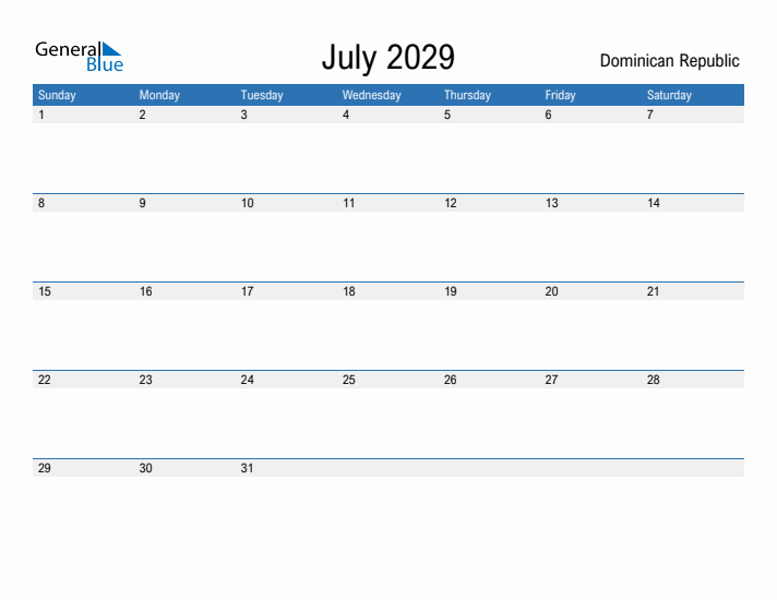 Fillable July 2029 Calendar