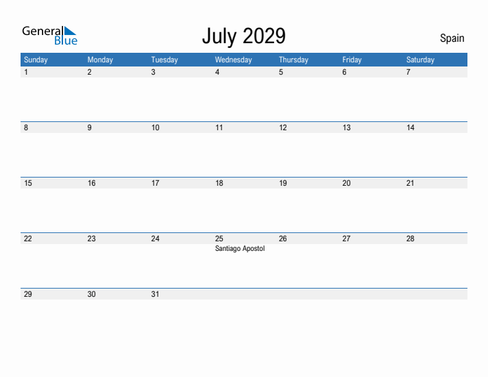 Fillable July 2029 Calendar