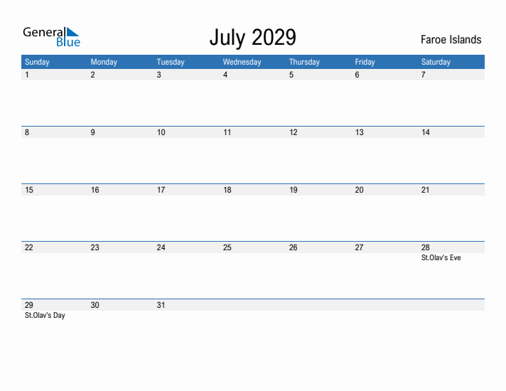 Fillable July 2029 Calendar