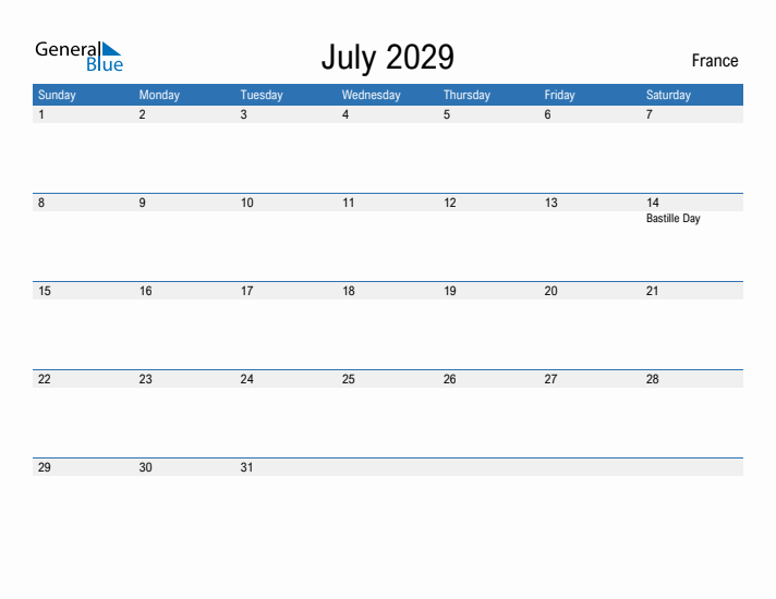 Fillable July 2029 Calendar