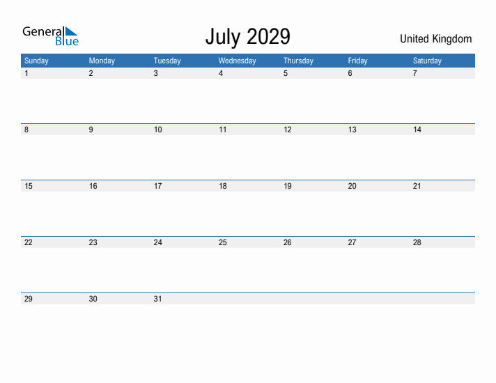 Fillable July 2029 Calendar