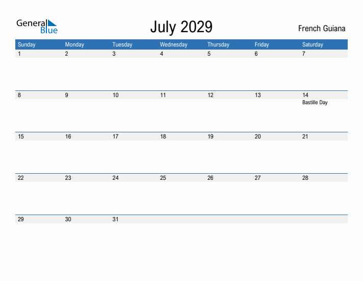 Fillable July 2029 Calendar