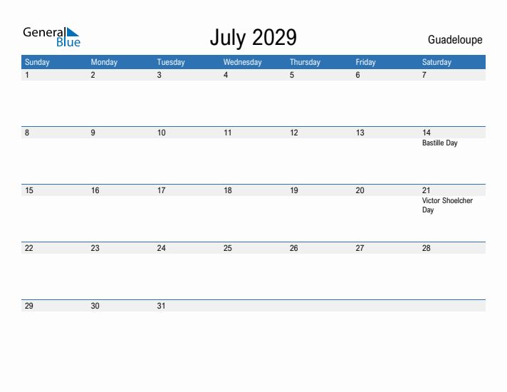 Fillable July 2029 Calendar