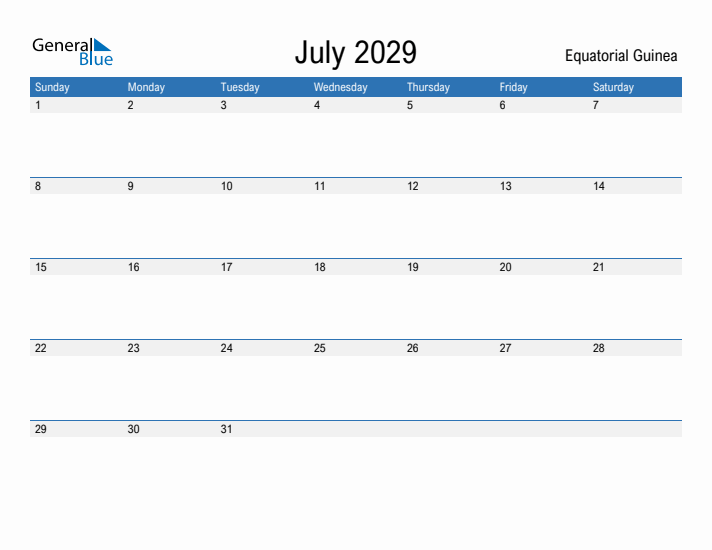 Fillable July 2029 Calendar