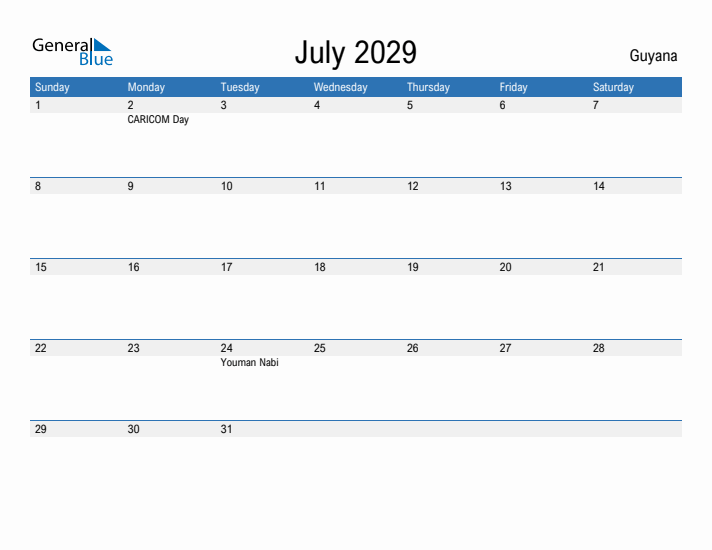 Fillable July 2029 Calendar