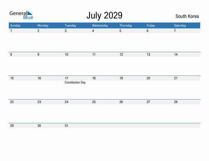 Fillable July 2029 Calendar