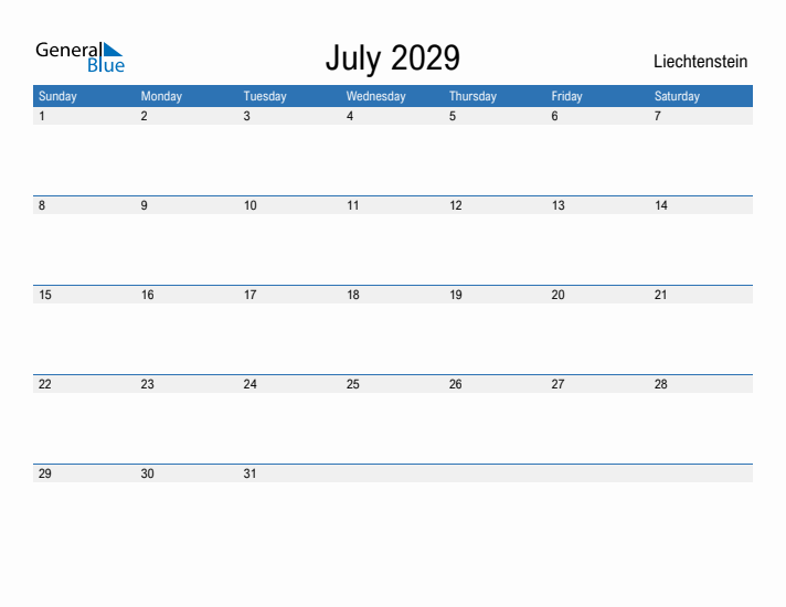 Fillable July 2029 Calendar