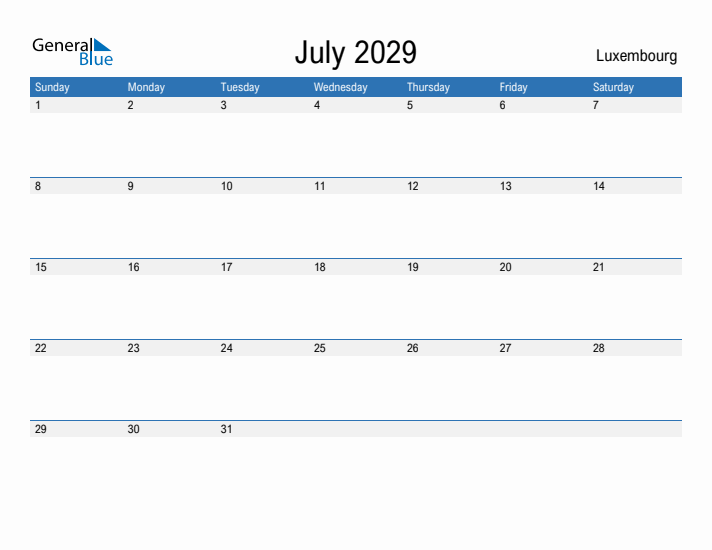 Fillable July 2029 Calendar