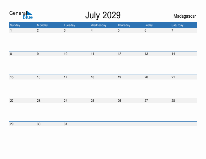 Fillable July 2029 Calendar