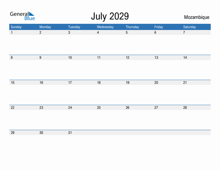 Fillable July 2029 Calendar