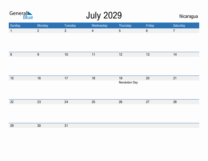 Fillable July 2029 Calendar