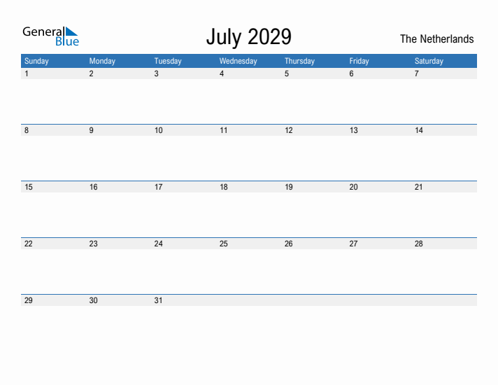 Fillable July 2029 Calendar