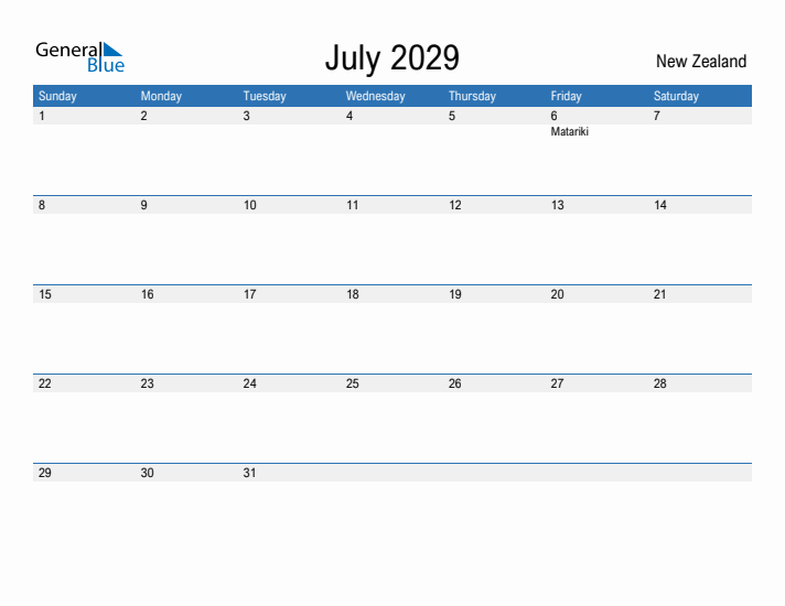 Fillable July 2029 Calendar