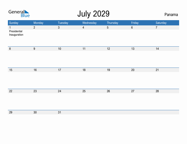 Fillable July 2029 Calendar