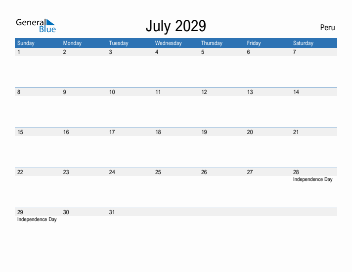 Fillable July 2029 Calendar