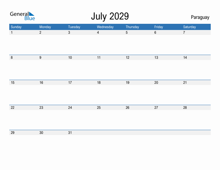 Fillable July 2029 Calendar