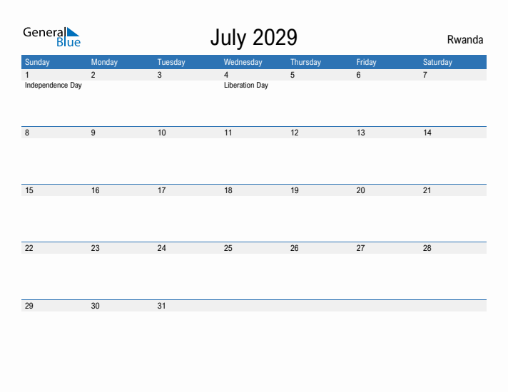 Fillable July 2029 Calendar