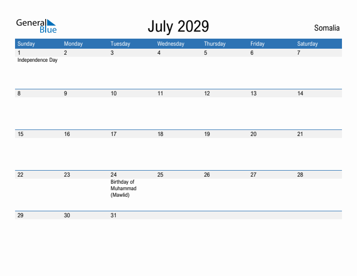 Fillable July 2029 Calendar