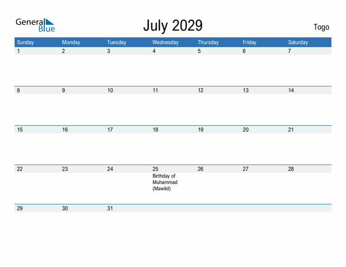 Fillable July 2029 Calendar