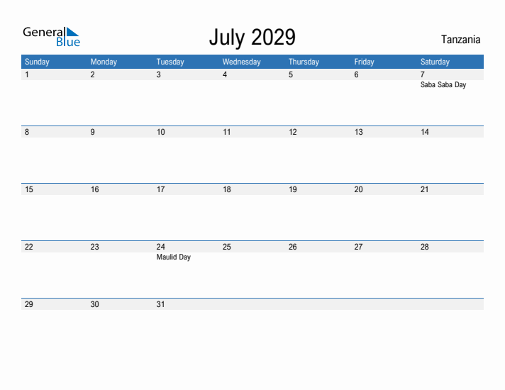 Fillable July 2029 Calendar