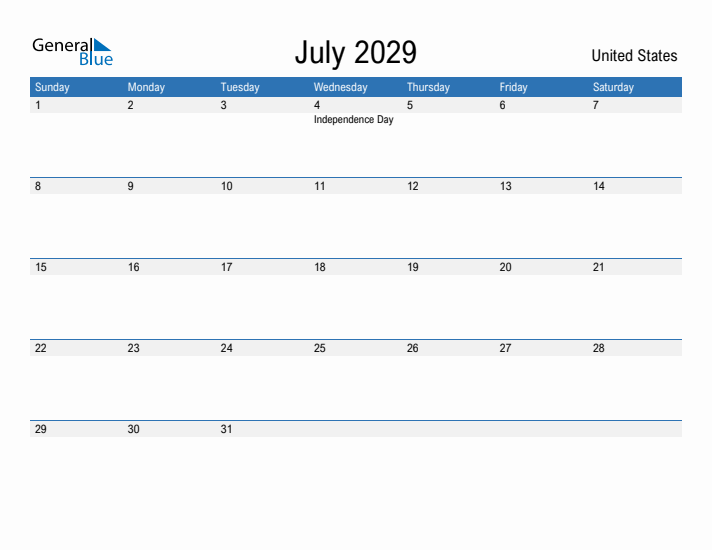 Fillable July 2029 Calendar