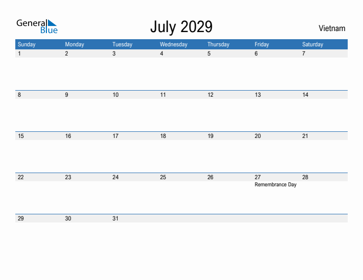 Fillable July 2029 Calendar