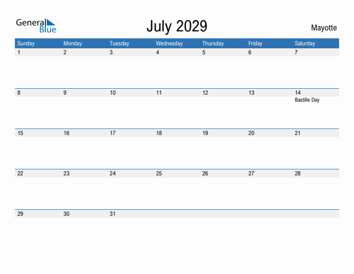 Fillable July 2029 Calendar