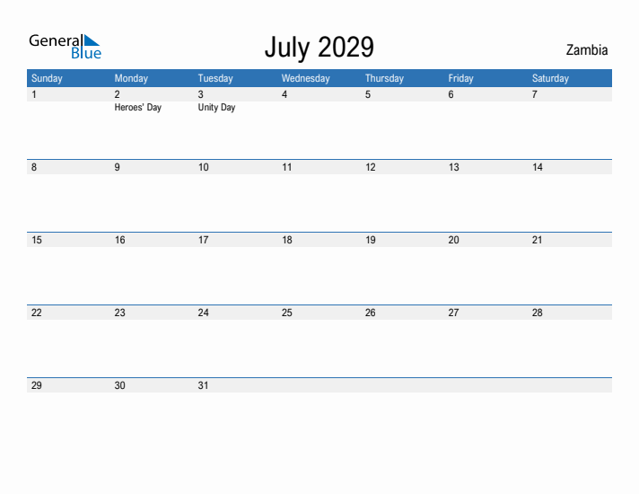 Fillable July 2029 Calendar