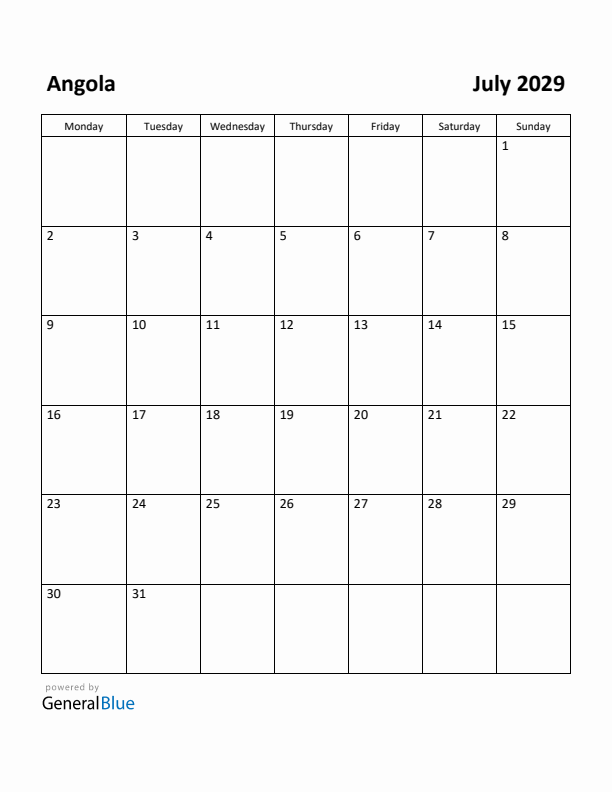 July 2029 Calendar with Angola Holidays