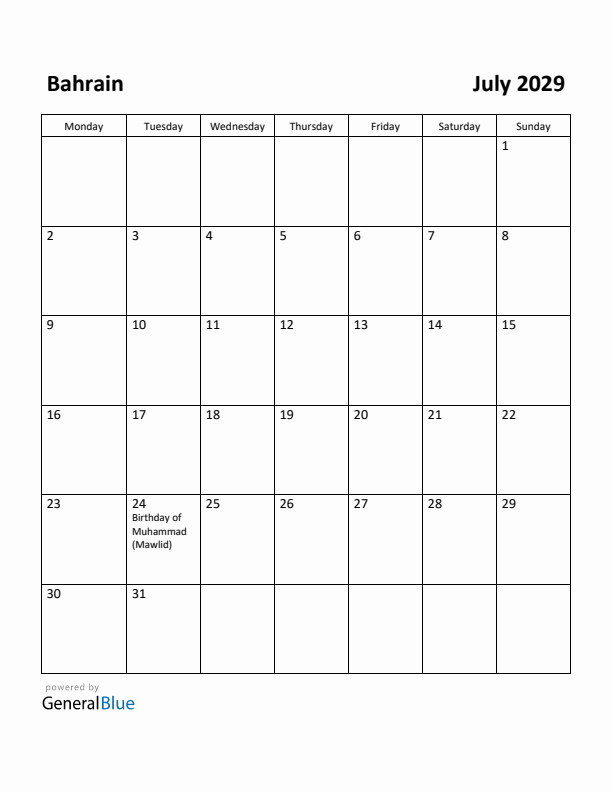 July 2029 Calendar with Bahrain Holidays