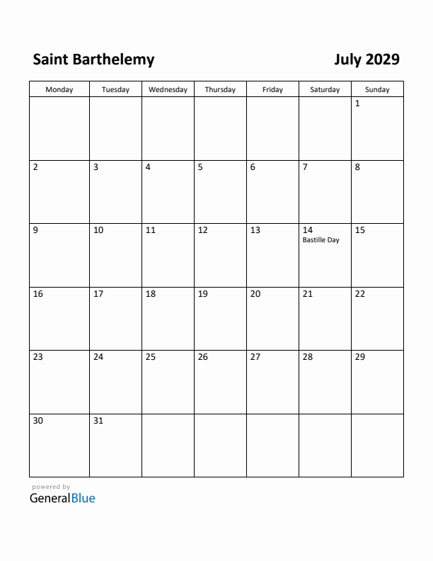 July 2029 Calendar with Saint Barthelemy Holidays