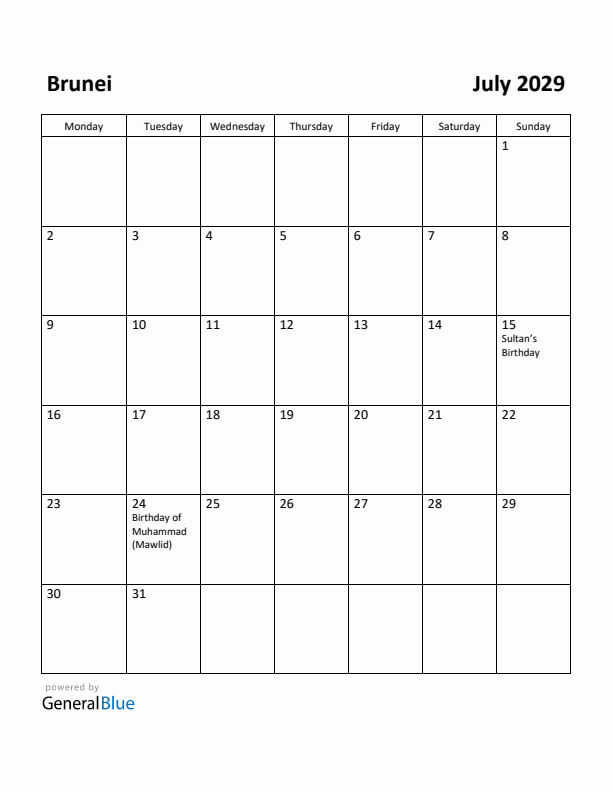 July 2029 Calendar with Brunei Holidays