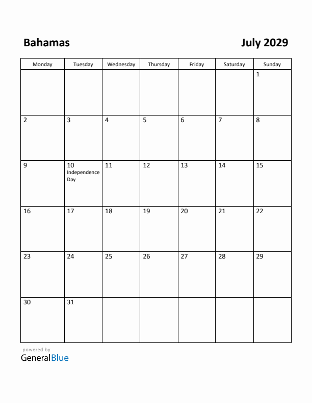 July 2029 Calendar with Bahamas Holidays