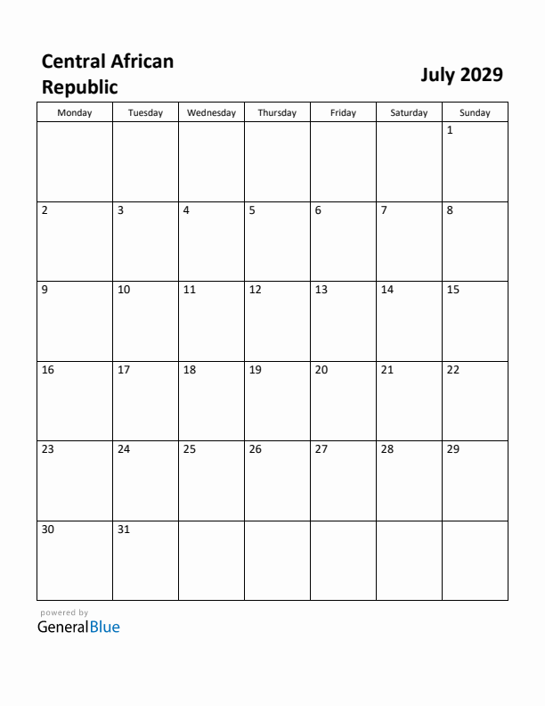 July 2029 Calendar with Central African Republic Holidays