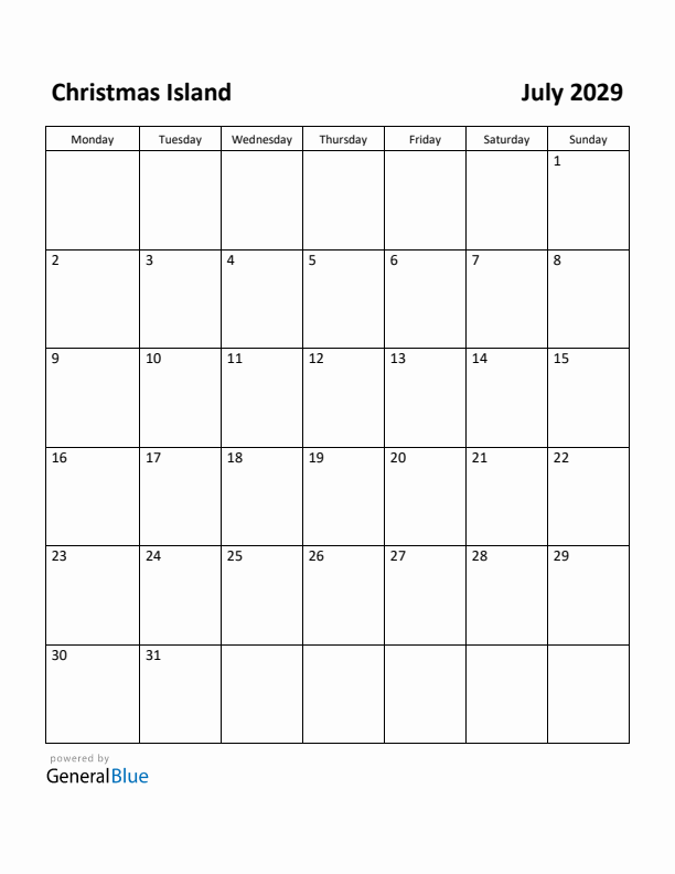 July 2029 Calendar with Christmas Island Holidays