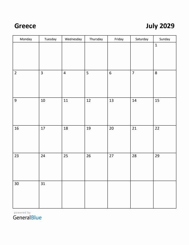 July 2029 Calendar with Greece Holidays