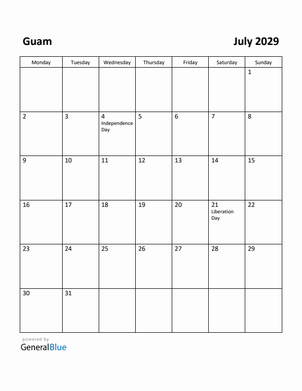 July 2029 Calendar with Guam Holidays