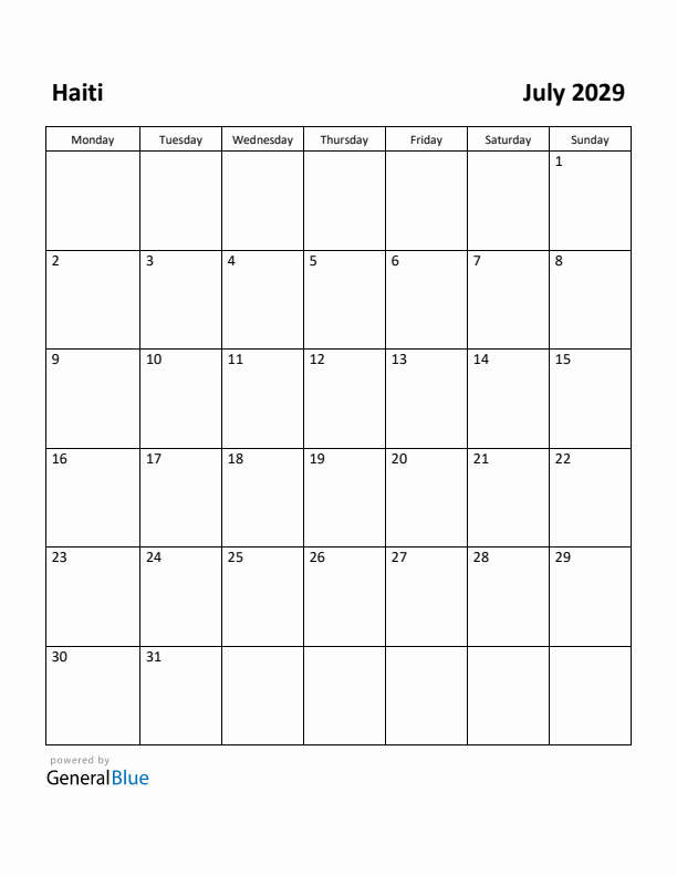 July 2029 Calendar with Haiti Holidays