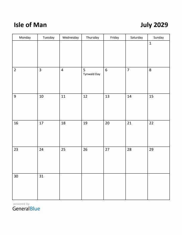 July 2029 Calendar with Isle of Man Holidays