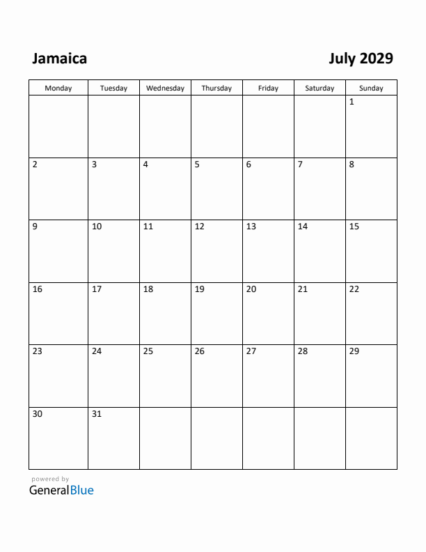 July 2029 Calendar with Jamaica Holidays