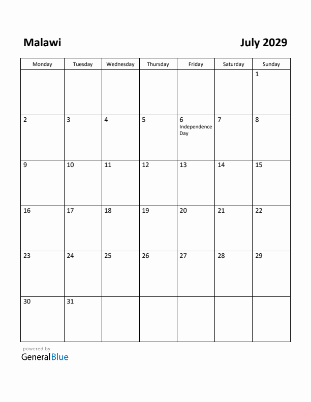 July 2029 Calendar with Malawi Holidays