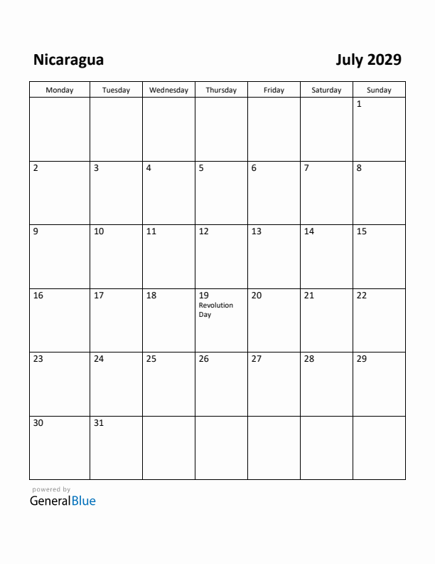 July 2029 Calendar with Nicaragua Holidays