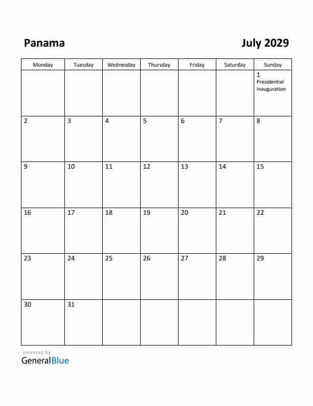 July 2029 Calendar with Panama Holidays