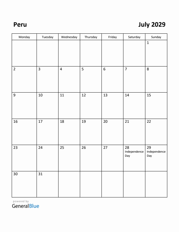 July 2029 Calendar with Peru Holidays