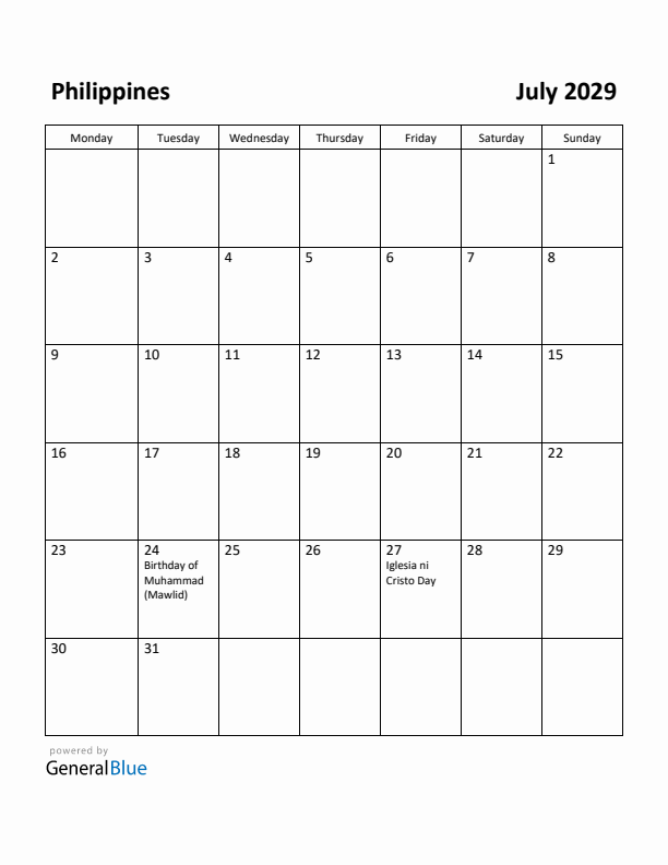 July 2029 Calendar with Philippines Holidays