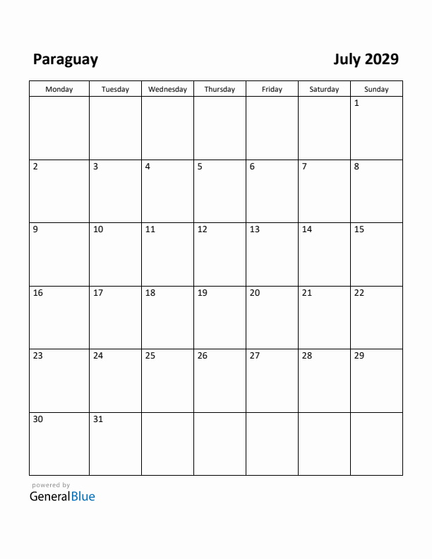 July 2029 Calendar with Paraguay Holidays