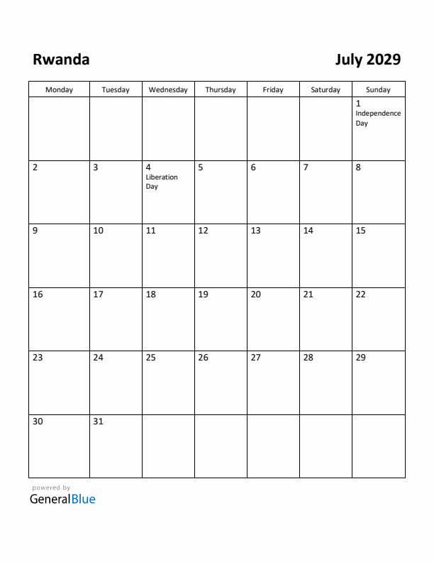 July 2029 Calendar with Rwanda Holidays