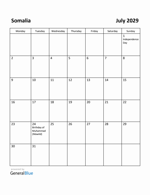 July 2029 Calendar with Somalia Holidays