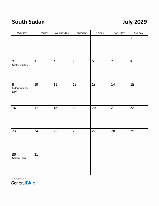 July 2029 Calendar with South Sudan Holidays