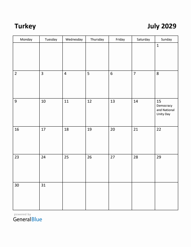 July 2029 Calendar with Turkey Holidays